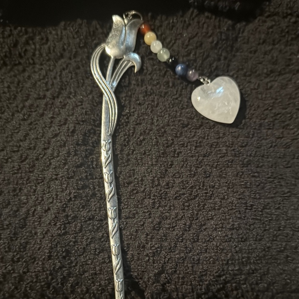 Silver Flower Bookmark with clear quartz stone Heart Charm